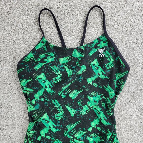 TYR Draco Cutoutfit One Piece Swimsuit Womens 30 Green Abstract Print Low Back - Picture 5 of 13